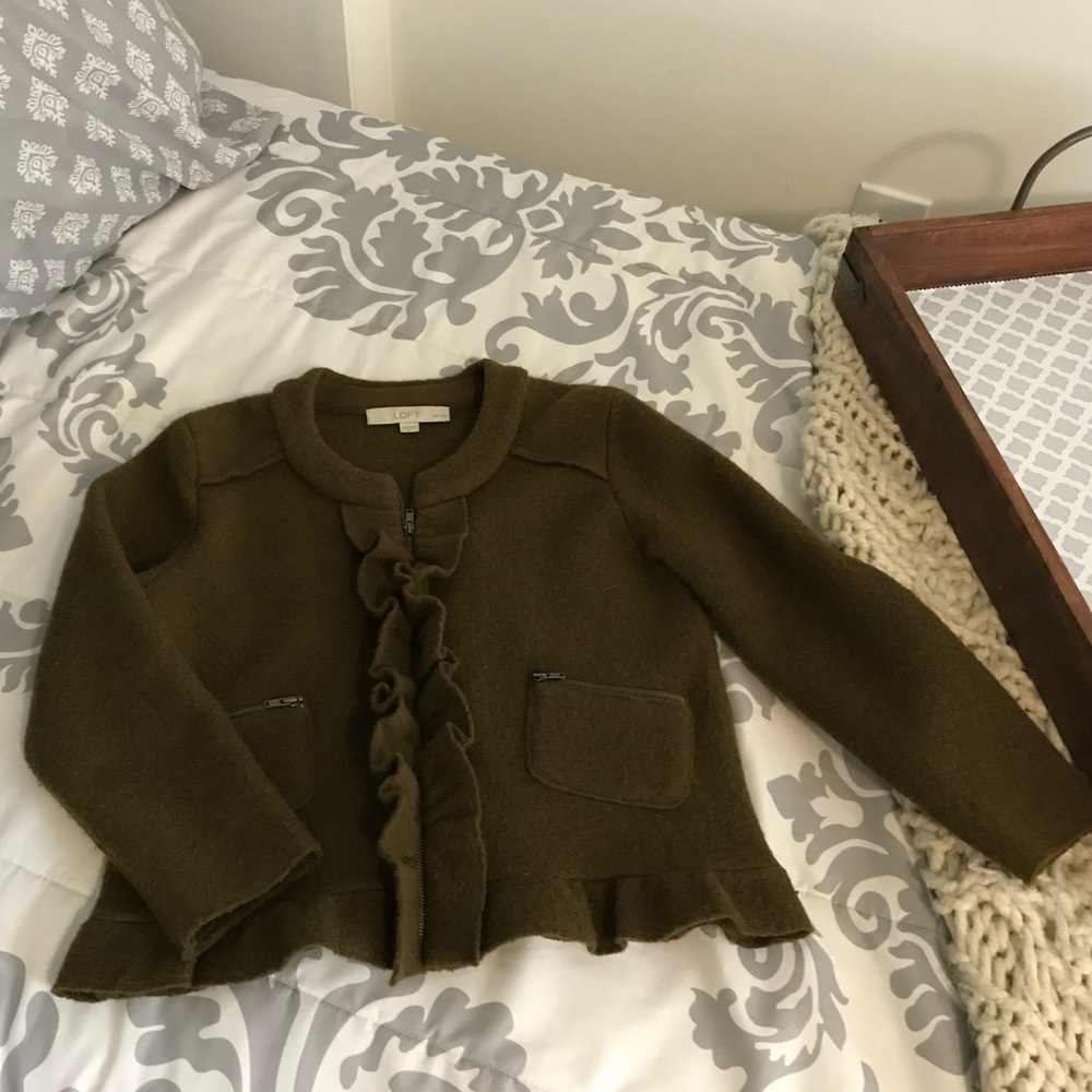 Loft like new wool olive green ruffle front and sleeve sweater jacket